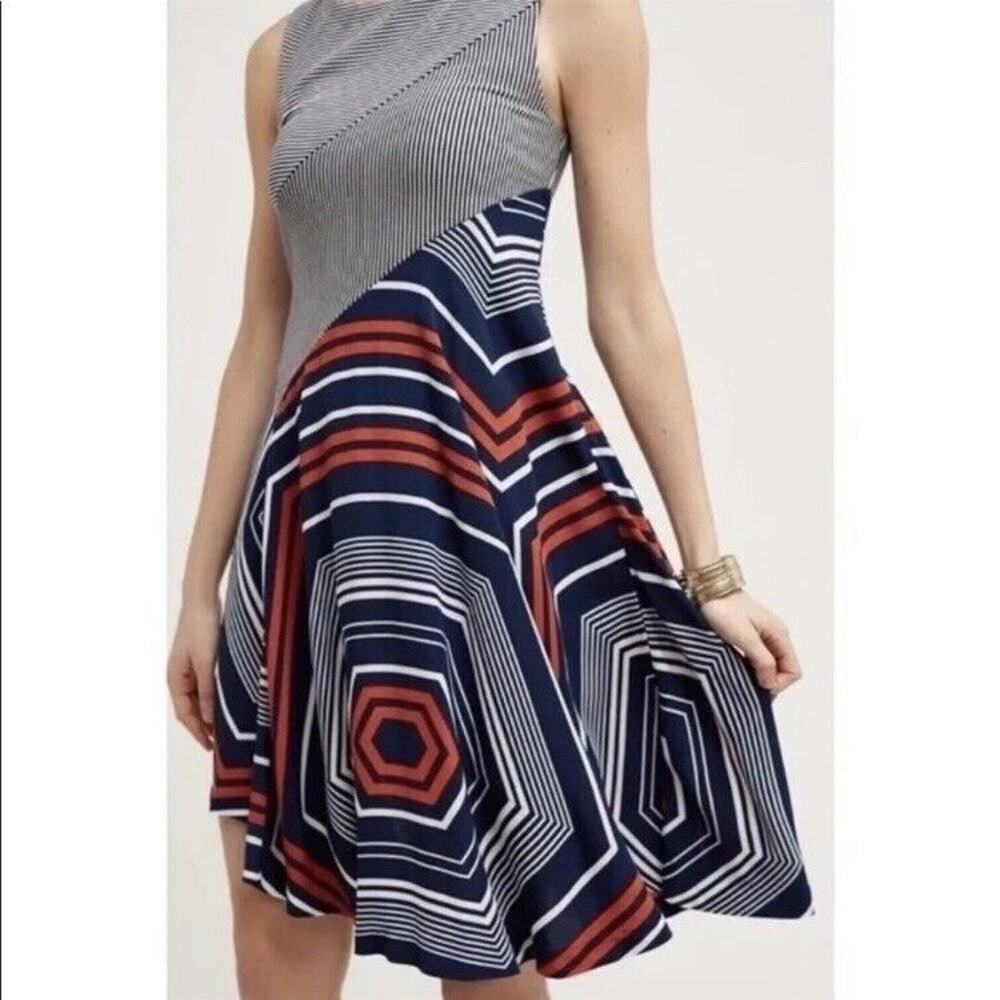 Anthropologie Maeve Dress Medium Blue Red Sleeveless Cameron Asymmetric Swing